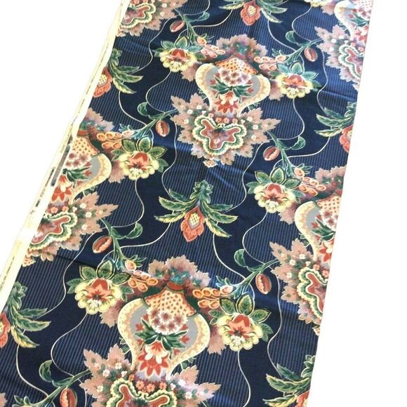 Kenmill Screen Print Fabric Remnant 54x97 Blue Striped Floral Cotton Blend 80s - Picture 7 of 7